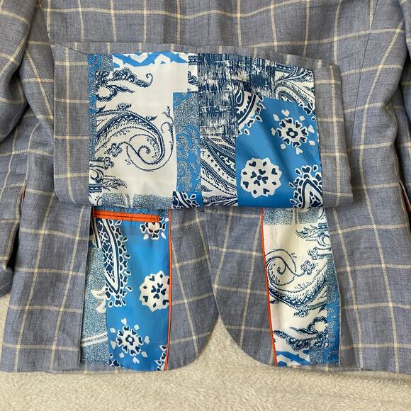 Tallia Mens Windowpane Plaid Elbow Patch Linen Blazer Sport Coat 38R Blue Check - Picture 10 of 14